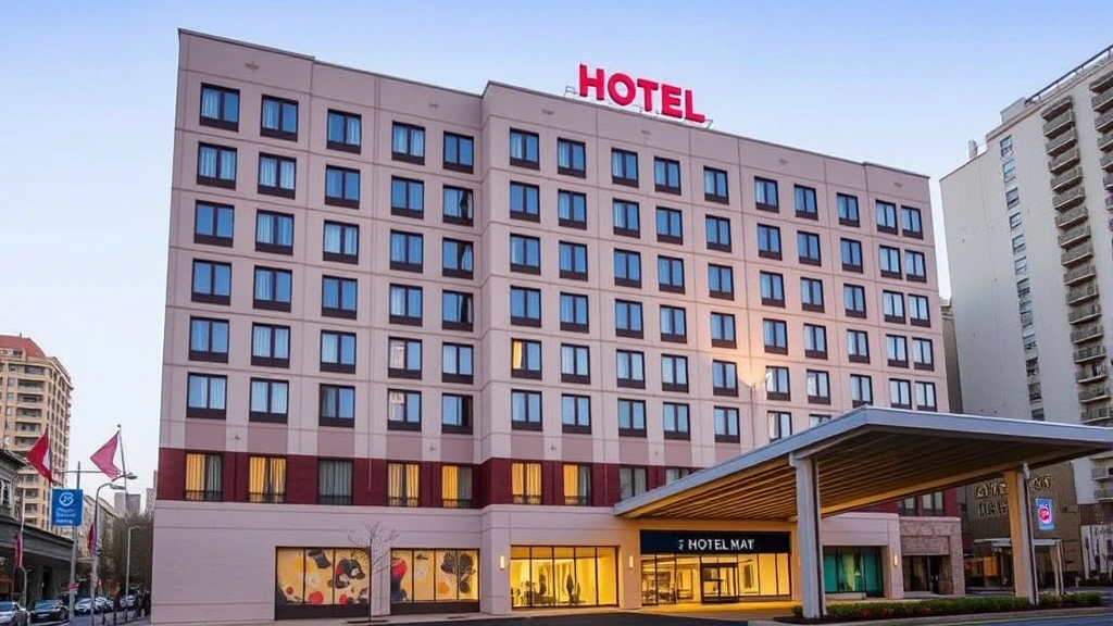 Hotel exterior building facade during daytime, multiple stories with regular window arrangement, entrance area with covered driveway, surrounding urban neighborhood with buildings visible, clear sky, professional architectural style, ground-level retail or commercial space