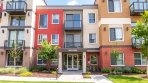 Modern affordable apartment building exterior with welcoming entrance, diverse architectural style, green landscaping, natural daylight, no visible address or signage