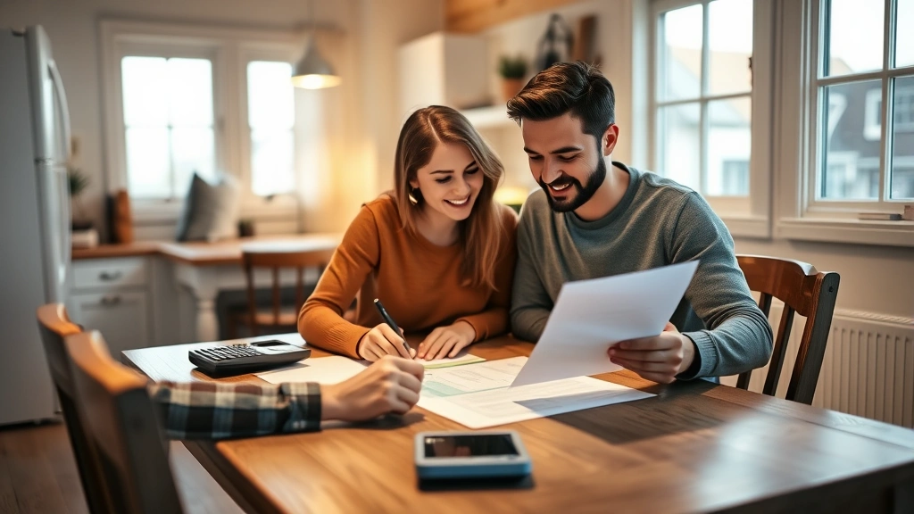 First-time homebuyer couple reviewing documents at kitchen table in modest home, warm lighting, paperwork and calculator visible, genuine moment of hope and planning
