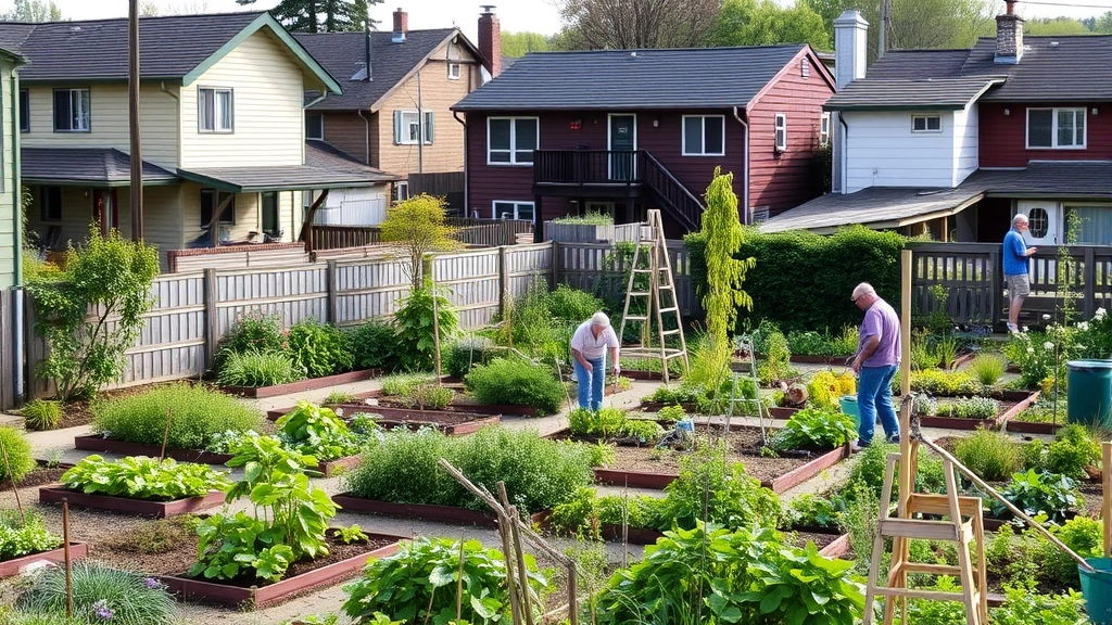 Community garden next to residential housing with residents gardening together, mixed-income neighborhood, suburban setting, natural lighting, no addresses or unit numbers