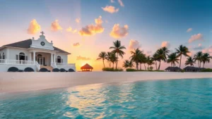 Oceanfront luxury hotel with white colonial architecture, private beach, crystal clear turquoise water, palm trees, sunset ambiance, Caribbean beachfront property