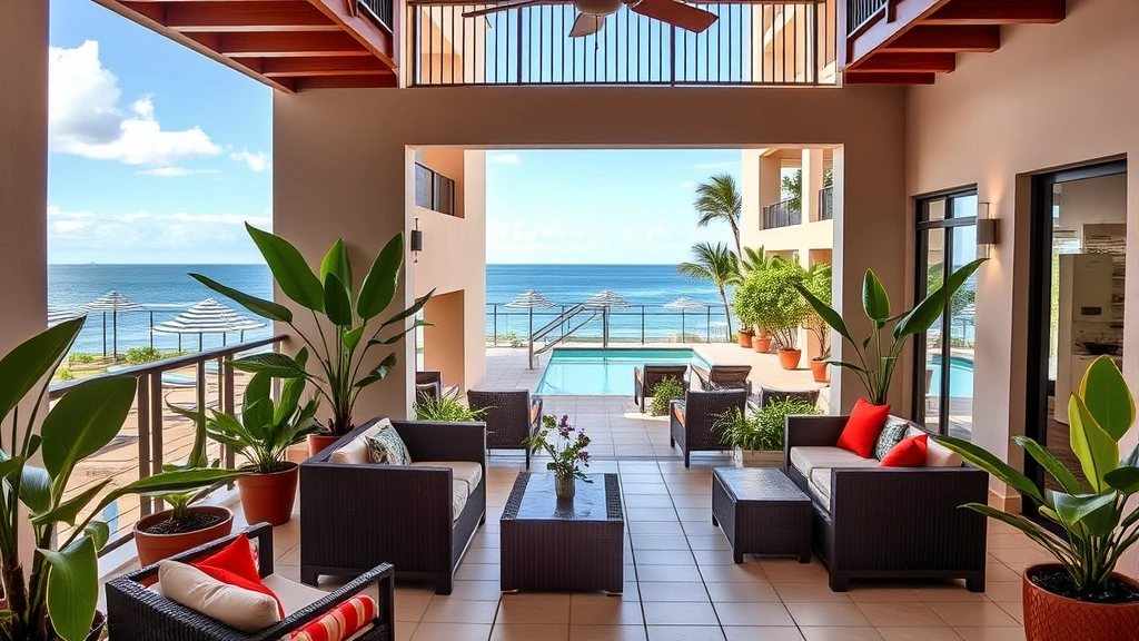 Modern mid-range hotel courtyard with comfortable seating areas, ocean view balcony, tropical plants, clean pool area, welcoming entrance, vibrant Caribbean colors