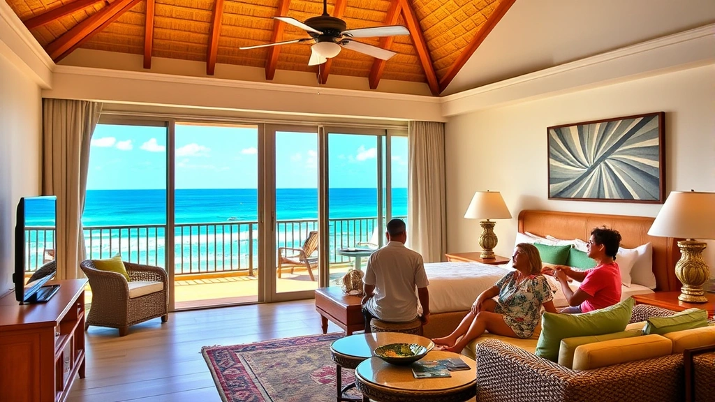 Family enjoying spacious hotel suite with ocean view terrace, comfortable furnishings, local tropical décor, bright natural lighting, welcoming residential atmosphere