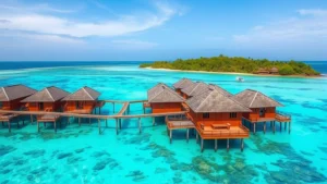 Aerial view of wooden bungalows built on stilts over turquoise tropical lagoon water with coral reef visible below, lush vegetation on distant shore, clear sunny day, traditional Southeast Asian architecture style