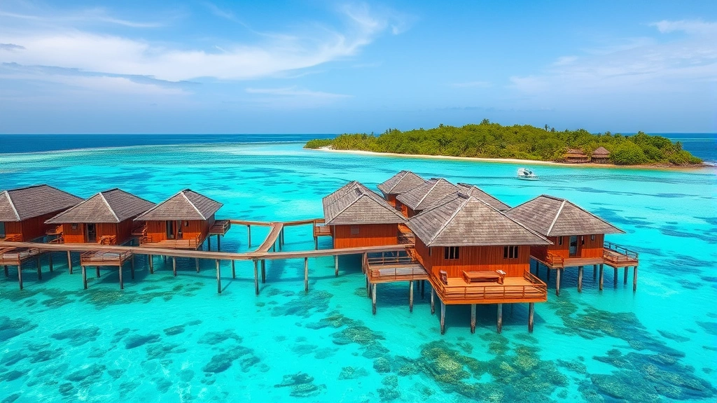 Aerial view of wooden bungalows built on stilts over turquoise tropical lagoon water with coral reef visible below, lush vegetation on distant shore, clear sunny day, traditional Southeast Asian architecture style
