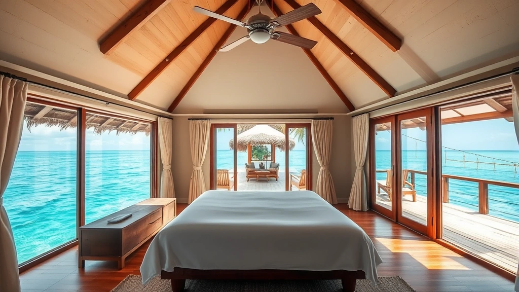 Interior of overwater bungalow bedroom with large bed, ceiling fan, open windows showing water below, wooden beams, natural lighting, minimalist tropical decor, private deck visible through glass doors