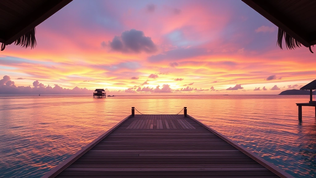 Sunset view from wooden deck of overwater bungalow showing calm lagoon, distant palm tree islands, vibrant orange and pink sky reflecting on water, silhouettes of boats in distance, peaceful tropical seascape
