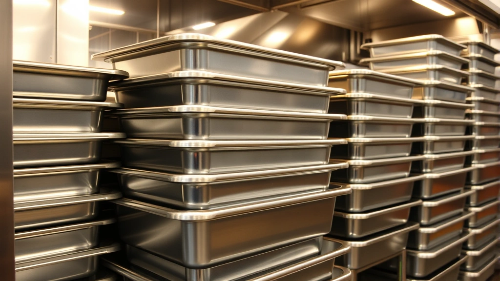 Professional stainless steel rectangular hotel pans stacked neatly in a commercial kitchen storage area, showing their reinforced edges and uniform sizing, with warm overhead lighting highlighting the polished metal surfaces