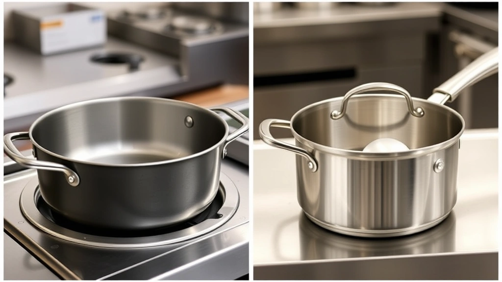Close-up comparison of a full-size hotel pan fitted perfectly into a commercial steam table well alongside a traditional round saucepan, demonstrating size and compatibility differences in a professional kitchen environment