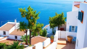 Mediterranean coastal village terrace with white buildings, blue sea horizon, clay tile roofs, lemon trees, morning sunlight, no people visible