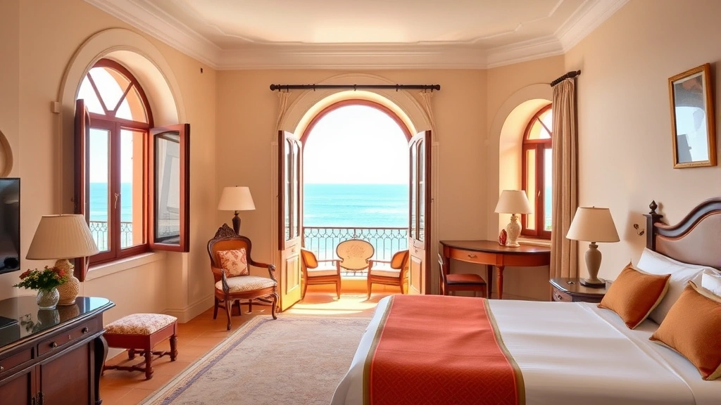 Elegant hotel room with traditional Mediterranean décor, arched windows, sea view, cream linens, terracotta accents, bright daylight, empty room