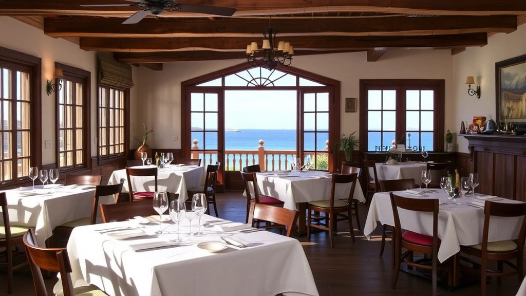 Rustic Italian restaurant interior with white tablecloths, wooden beams, coastal view through windows, warm lighting, table settings, no diners visible