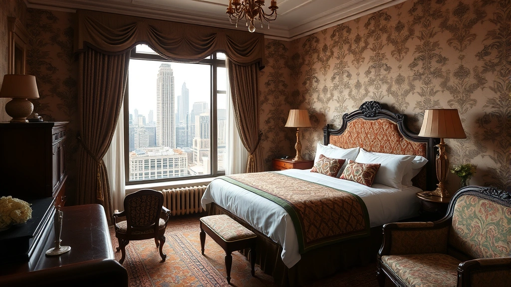 Historic hotel guest room from early twentieth century featuring period furniture, elegant bedding, detailed wallpaper, and window overlooking Manhattan cityscape