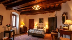 Cozy European boutique bedroom with exposed wooden beams, traditional Tuscan furnishings, warm lighting, and period architectural details in Florence style, showing authentic historic accommodation without any text or signage