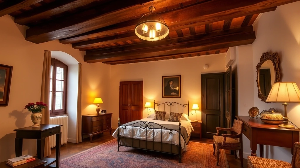 Cozy European boutique bedroom with exposed wooden beams, traditional Tuscan furnishings, warm lighting, and period architectural details in Florence style, showing authentic historic accommodation without any text or signage