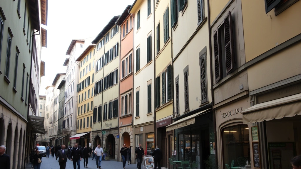 Charming Florentine narrow street with traditional buildings, pedestrians, local shops and cafes, residential neighborhood atmosphere in historic Florence center, daytime natural lighting showcasing walkable urban environment