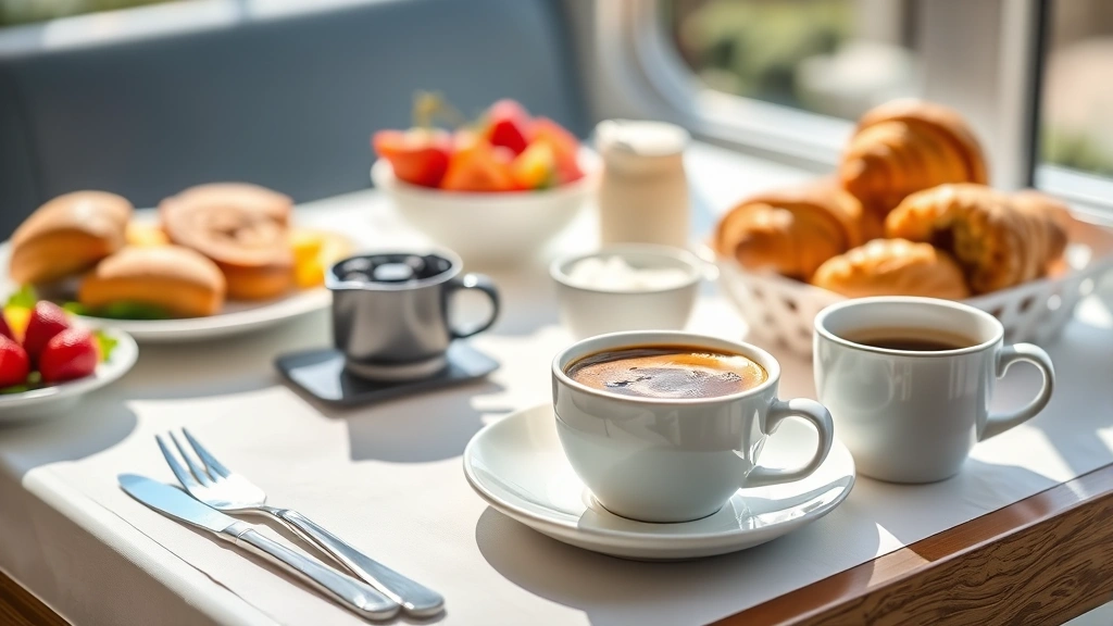 Continental breakfast spread on table with Italian pastries, fresh fruit, espresso cup, yogurt, and croissants in bright morning light, showing quality breakfast service without any labels or identifying text