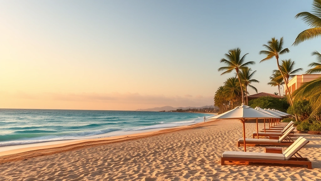 Beachfront resort property with sandy shore, azure Pacific Ocean, palm trees, and white umbrella lounge chairs arranged on beach during golden hour sunset lighting, photorealistic tropical vacation scene