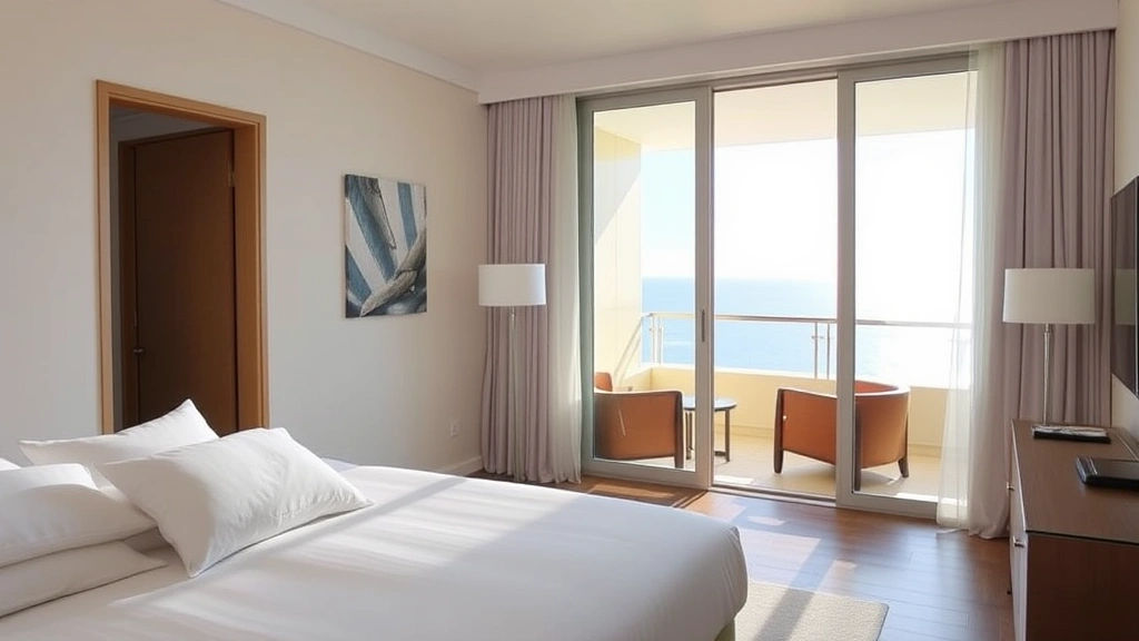 Modern hotel room interior with oceanview balcony, contemporary bed with white linens, contemporary furnishings, natural light streaming through glass doors, partial ocean visible through balcony, clean minimalist aesthetic