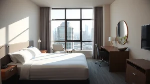 Bright modern hotel room with double bed, neutral tones, contemporary furnishings, French windows overlooking urban cityscape, professional business workspace desk, clean minimalist design, natural daylight