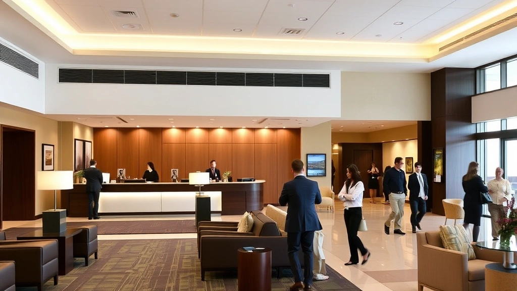 Mid-range hotel lobby with contemporary reception desk, comfortable seating areas, professional staff, welcoming entrance, neutral décor, good lighting, organized check-in area, businesspeople and travelers