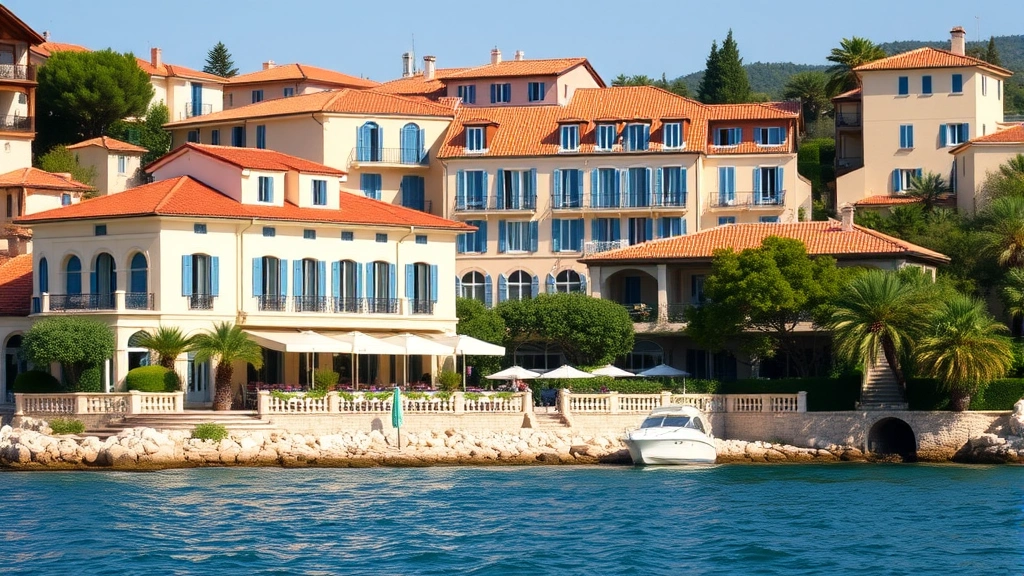 Luxurious Mediterranean coastal hotel with terracotta roofs overlooking calm sea, elegant architecture, blue shutters, traditional Italian Riviera style building exterior
