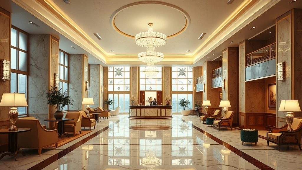 Upscale hotel lobby interior with marble floors, crystal chandeliers, period-appropriate 1960s furnishings, elegant reception desk, sophisticated ambiance