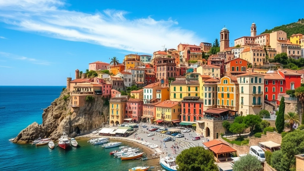 Scenic Italian seaside village with colorful buildings cascading down hillside toward turquoise water, charming harbor, Mediterranean landscape, natural beauty