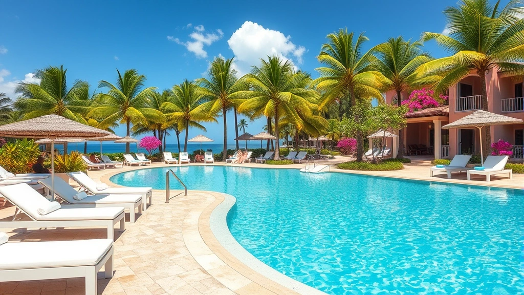 Luxurious tropical resort pool area with crystal-clear blue water, white lounge chairs with cushions, thatched umbrellas, lush palm trees and flowering plants surrounding the deck, guests relaxing in the background, bright sunny Caribbean setting