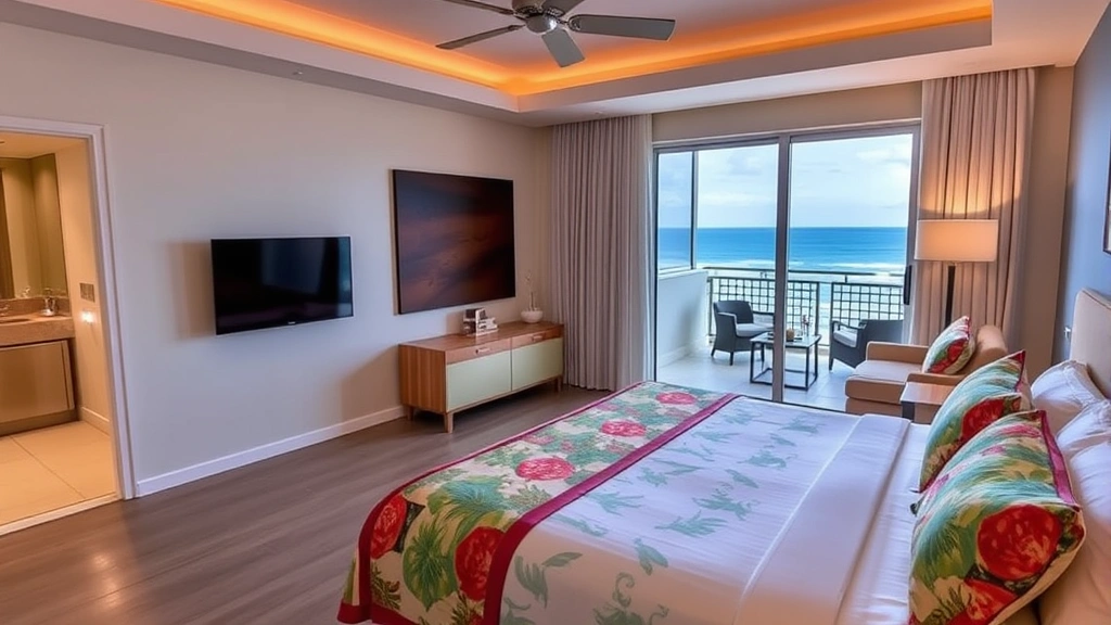 Modern resort room interior with king bed, colorful tropical bedding, flat-screen TV on wall, sliding glass doors opening to balcony with ocean view, comfortable seating area, warm lighting, contemporary bathroom visible with shower