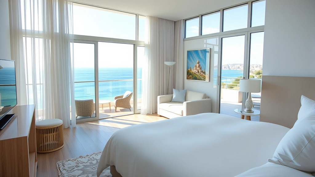 Modern luxury hotel suite with Mediterranean sea view balcony, white bedding, contemporary furniture, natural sunlight streaming through floor-to-ceiling windows, coastal landscape visible in background
