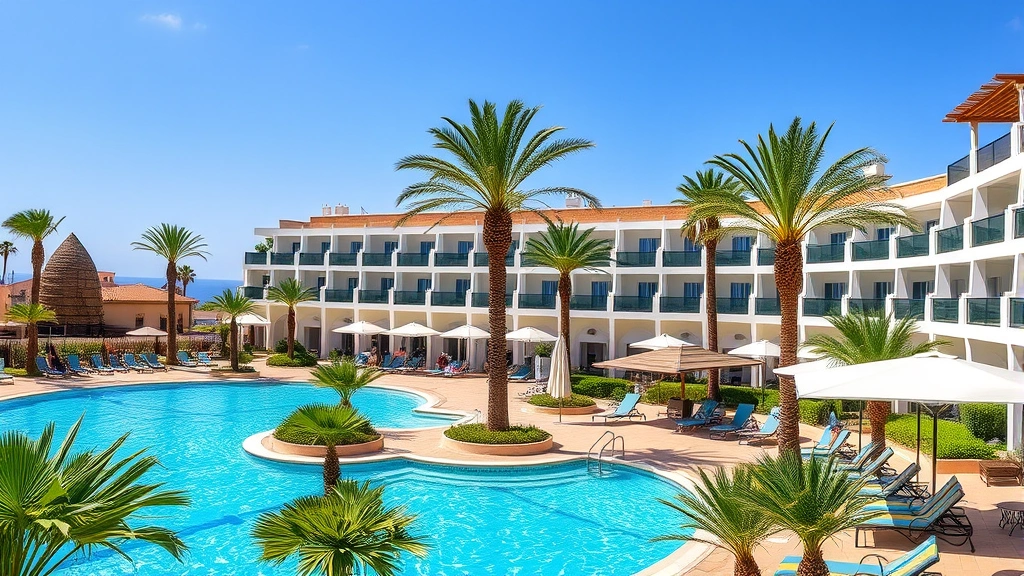 Vibrant hotel pool area with loungers and umbrellas, palm trees surrounding, crystal blue water, Mediterranean architecture, guests relaxing in background, sunny day with clear sky