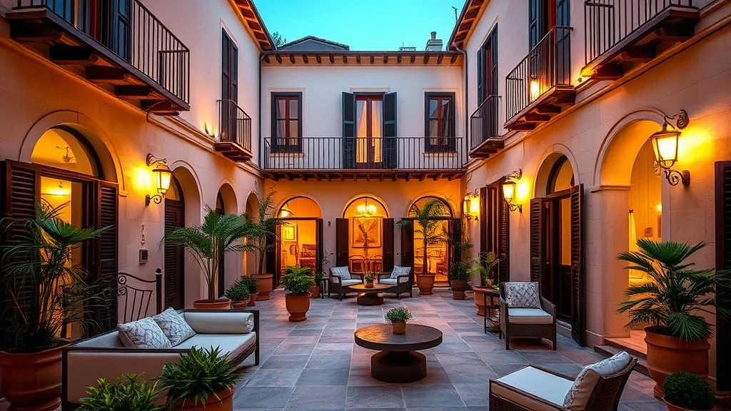 Boutique hotel interior courtyard or terrace with traditional Mediterranean design, comfortable seating areas, ambient lighting, potted plants, architectural details, evening atmosphere