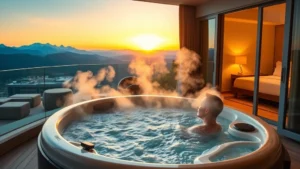 Luxurious modern in-room hot tub on a private balcony overlooking mountains at sunset, steam rising, contemporary hotel bedroom visible through glass doors, warm lighting