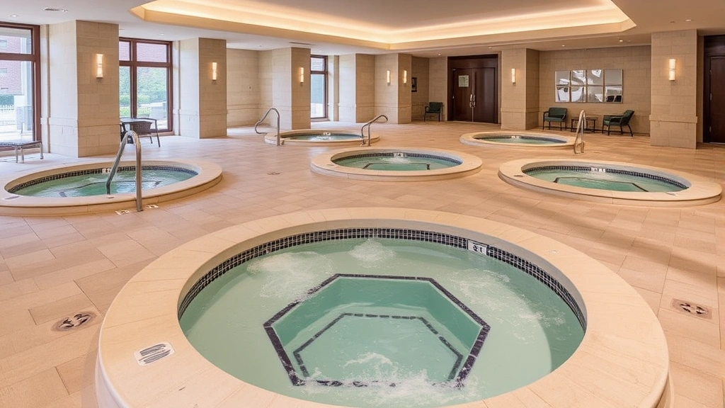 Upscale hotel spa area with multiple hot tubs of varying sizes, indoor facility with modern architecture, neutral tones, clean water, professional maintenance visible, wellness-focused design