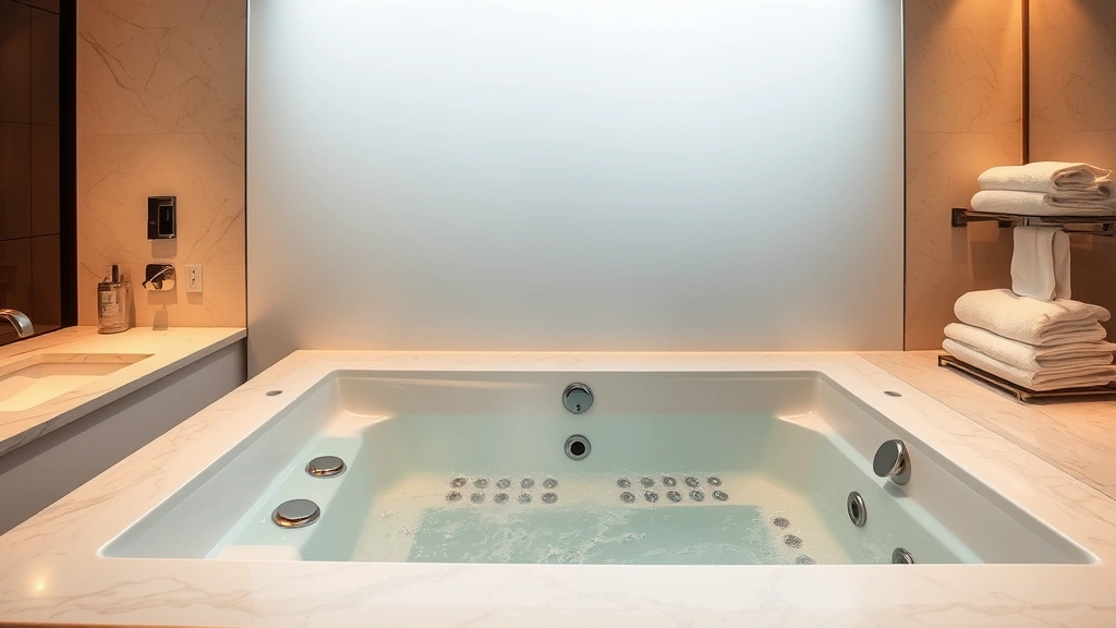 Modern hotel bathroom featuring a large rectangular jacuzzi tub with multiple water jets, warm ambient lighting, marble countertops, fluffy white towels folded on a nearby rack, steam rising from the water, contemporary fixtures, no visible text or signage, photorealistic daytime bathroom view