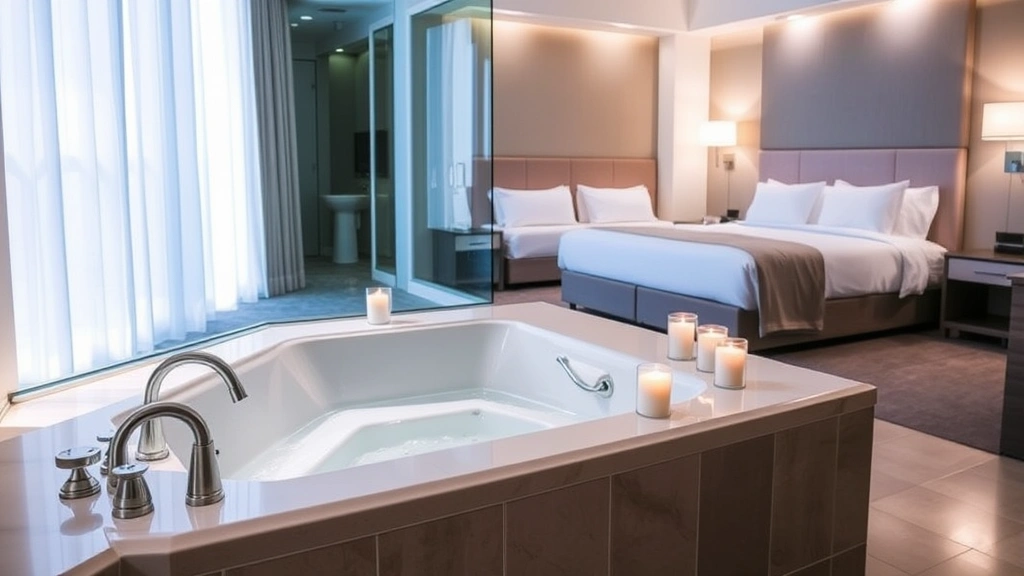 Luxurious spa-style hotel room with a sunken jacuzzi in an alcove, soft lighting from installed fixtures, fresh white bedding visible in background, decorative candles on tub surround, glass partition separating bedroom and bathroom areas, premium finishes, clean and serene atmosphere, no identifying markers