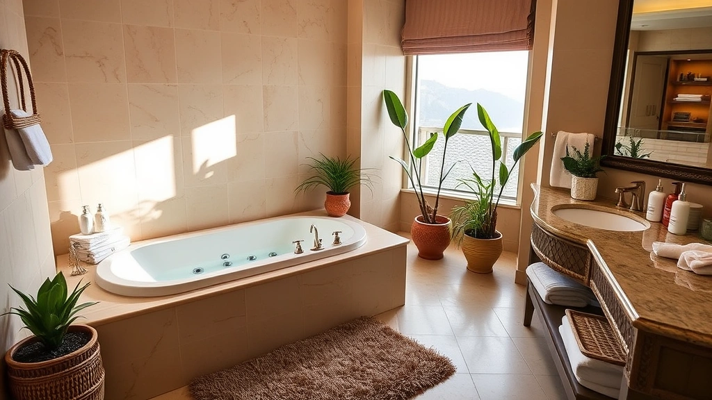Upscale resort bathroom showcasing a corner jacuzzi with jets, natural light from a window, potted plants adding spa ambiance, plush bathmat on floor, premium toiletries arranged on counter, mirror reflecting bathroom interior, warm color palette with cream and stone tones, no text visible