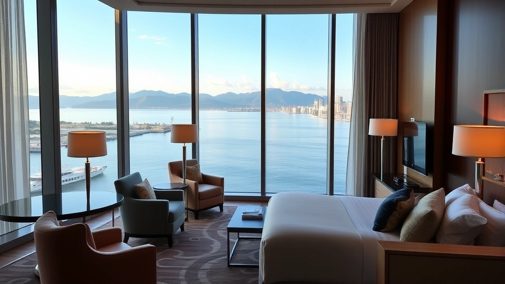 Luxurious modern hotel room overlooking calm harbor water with mountains in distance, elegant furnishings and floor-to-ceiling windows showing waterfront scenery