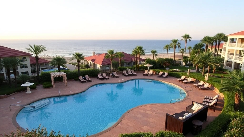 Upscale resort pool area surrounded by landscaped gardens and comfortable seating, with ocean view in background and resort buildings visible