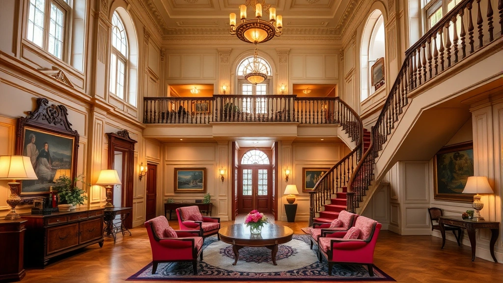 Charming heritage hotel lobby with Victorian architectural details, elegant staircase, warm lighting, and classic furniture arrangement in spacious interior