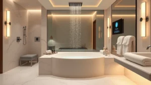 Luxurious modern hotel bathroom with spacious jacuzzi tub, waterfall showerhead, warm ambient lighting, white marble surfaces, fluffy towels, no text or signage visible