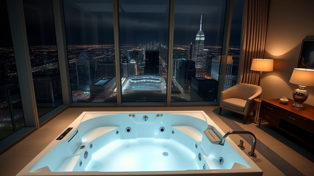 Contemporary bedroom suite with large whirlpool tub positioned near floor-to-ceiling windows overlooking city lights at night, soft lighting, elegant furnishings, no identifiable addresses
