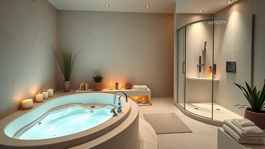 Romantic spa-style hotel bathroom with heated jacuzzi tub, steam shower, candles, plants, soft towels, minimalist décor, peaceful atmosphere, no text elements visible