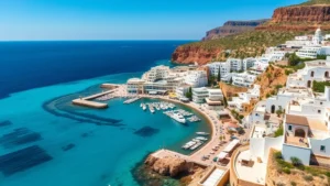 Aerial view of Mediterranean waterfront resort with turquoise waters, white buildings, and coastal cliffs, sunny day with clear blue sky