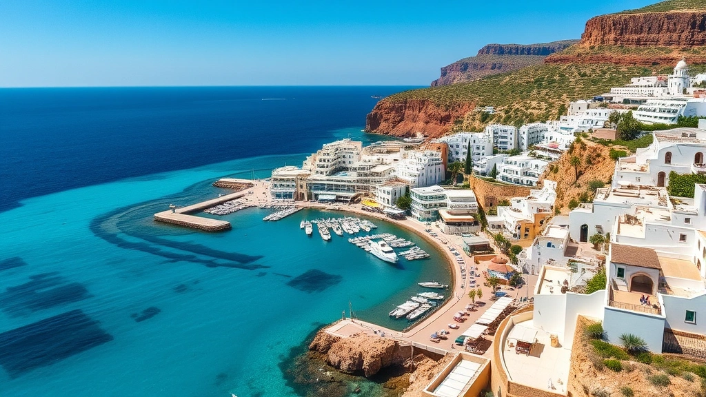 Aerial view of Mediterranean waterfront resort with turquoise waters, white buildings, and coastal cliffs, sunny day with clear blue sky