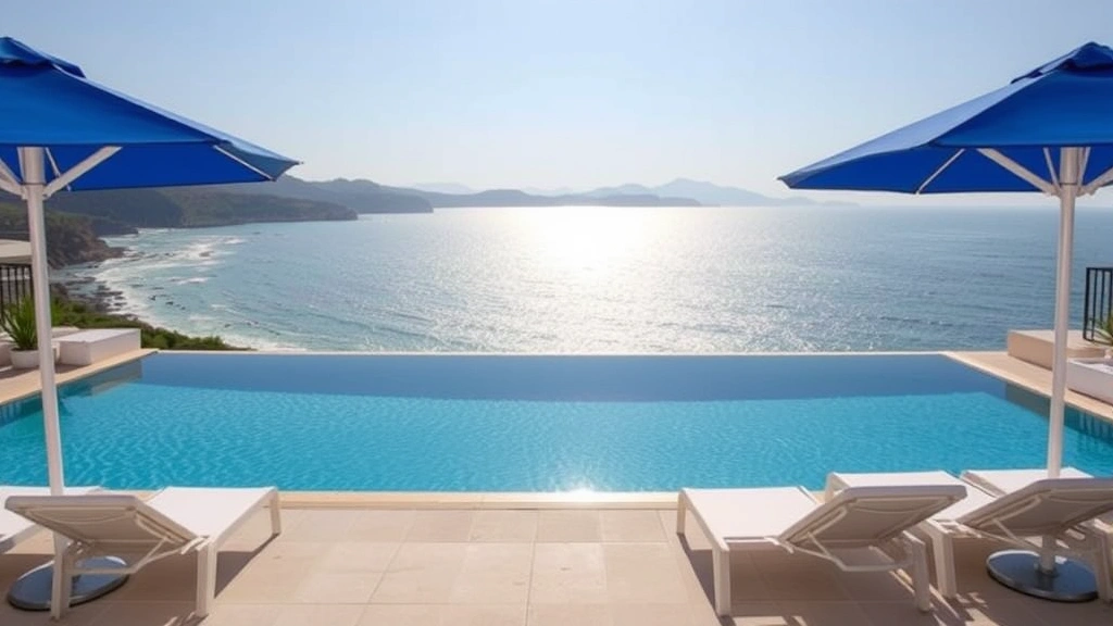 Luxury beachfront hotel pool area overlooking sparkling sea, white loungers with blue umbrellas, Mediterranean landscape background