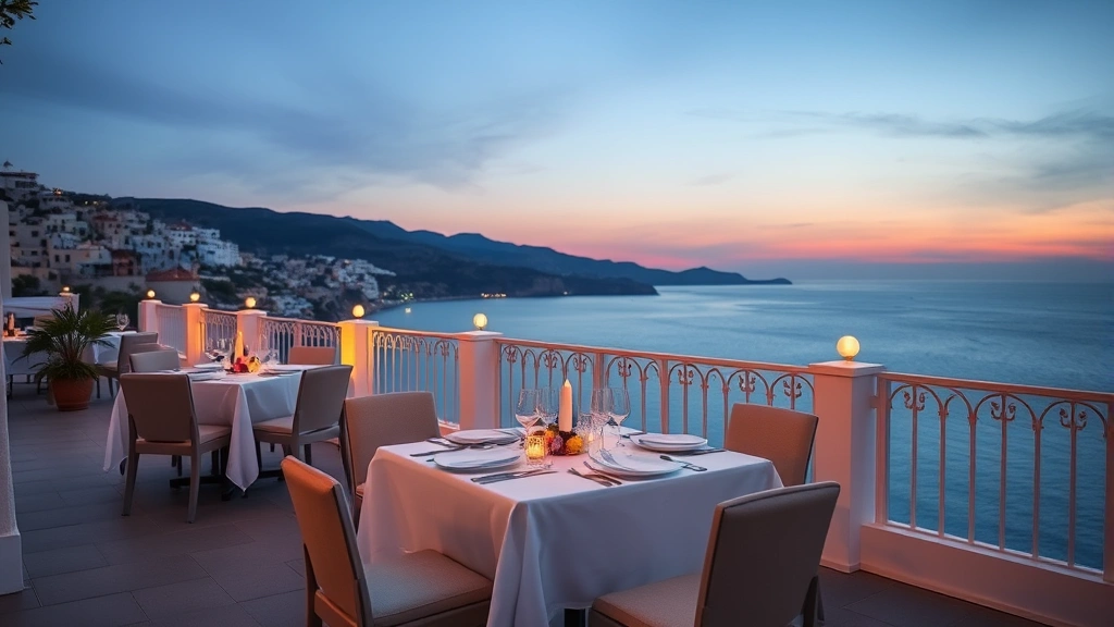 Elegant seaside terrace dining setup with white tablecloths, sea views, sunset lighting, Mediterranean coastal town backdrop