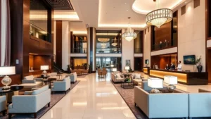 Luxurious modern hotel lobby with contemporary furnishings, warm lighting, and welcoming atmosphere. High ceilings with elegant chandeliers, comfortable seating areas, and professional staff at reception desk. Clean lines and neutral color palette with accent lighting creating sophisticated ambiance