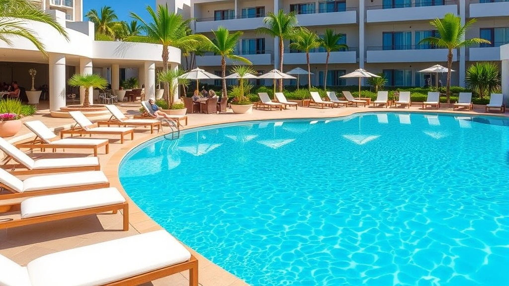 Resort-style outdoor swimming pool with crystal-clear water, lounge chairs with white cushions, and surrounding landscape. Tropical plants and modern poolside architecture visible. Guests relaxing in comfortable seating areas near the water. Bright natural lighting and well-maintained grounds